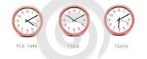 Modern analog clocks with different hours for country on white background- international business concept