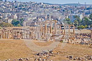 Modern and ancient Jerash, Jordan