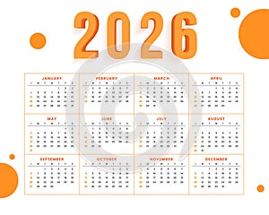 modern 2026 annual calendar template in white orange