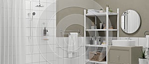 Modern apartment bathroom interior with shower zone and dry zone