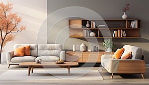 Modern apartment with bright, comfortable interior sofa, table, chair, bookshelf generated by AI