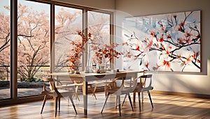 Modern apartment with bright, elegant interior comfortable chair, wooden table, and flower vase generated by AI