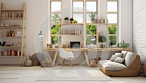 Modern apartment with bright, elegant interior comfortable sofa, wooden flooring, stylish table, cozy armchair, creative