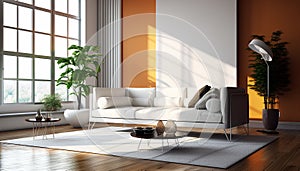 Modern apartment with bright, elegant interior comfortable sofa, wooden flooring, sunlight generated by AI