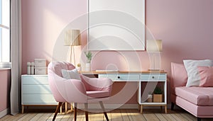 Modern apartment with bright pink cushion on comfortable chair generated by AI