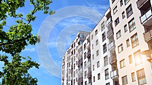 Modern apartment building. Balconies at apartment residential building. Residential architecture.