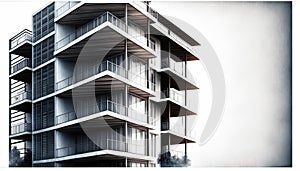Modern apartment building balconies isolated white background ad text residential house balcony architecture blue abstract block