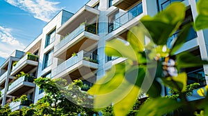 A modern apartment building with balconies and trees