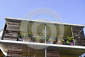 Modern apartment building exteriors with large balcony