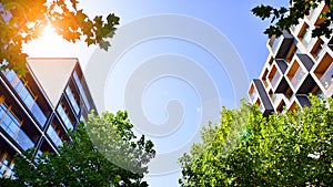 Modern apartment building and green trees. Ecological housing architecture.