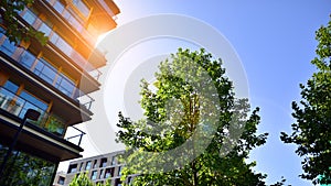 Modern apartment building and green trees. Ecological housing architecture.