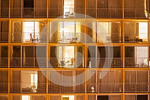 Modern apartment building or hotel building exterior at night