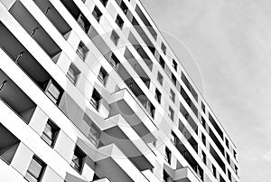 Modern apartment buildings exteriors. Black and white