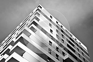 Modern apartment buildings exteriors. Black and white