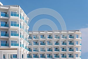 Modern apartment buildings exteriors in sunny day. House building and city construction concept