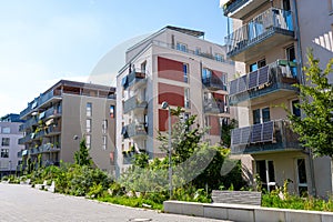 Modern apartment buildings in a housing development area