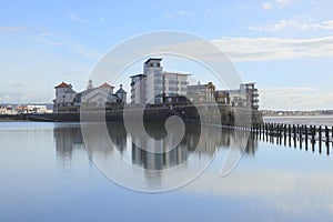 Modern apartment buildings on seaside island