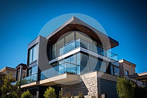 Modern apartment buildings on a sunny day with a blue sky. Facade of a modern apartment building Ai generative