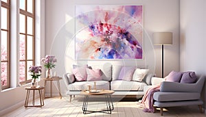 Modern apartment with comfortable sofa, bright purple pillows, and elegant decorations generated by AI