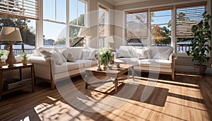 Modern apartment with comfortable sofa, elegant decor, and bright sunlight generated by AI