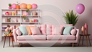 Modern apartment with comfortable sofa, elegant decoration, and bright colors generated by AI