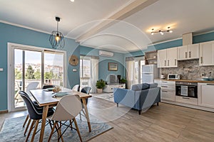 Modern apartment interior with blue tones