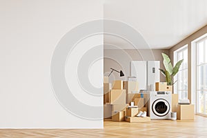 Modern apartment interior cardboard boxes with furniture, mockup wall