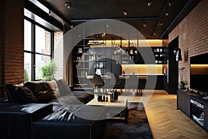 Modern apartment interior design concept living room and open kitchen in dark loft style big windows