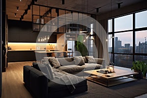 A modern apartment interior design, living room open kitchen in a dark loft style with large windows