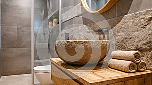 Modern apartment interior, elegant bathroom with a round sink made of beige stone, a wooden shelf in calm natural colors