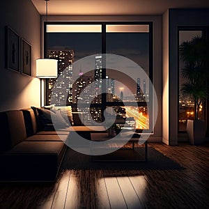 Modern Apartment Interior with Furniture and Glass Window Night City View in the Living Room. Generative AI
