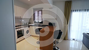 Modern apartment kitchen viewed from hallway. Clean minimalist design, sleek white furniture, stainless steel appliances