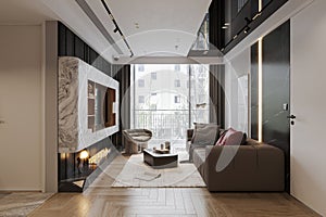 Modern Apartment Living room interior design with TV panel above the firebox, brown leather sofa