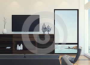 Modern apartment living room interior with sea view