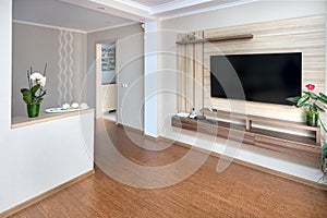 Modern apartment living room with large TV over wooden cabinet Orchid, cork floorboards and door to corridor. Real room