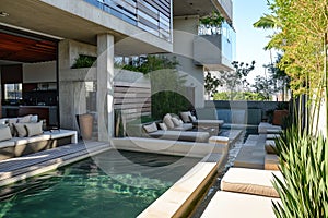 Modern apartment patio or cortyard with pool, calming area for relaxing in natural and exotic colors.
