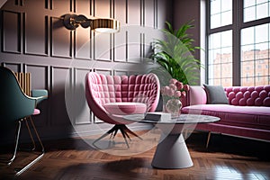 Modern apartment\'s chic living room with a pink tone interior
