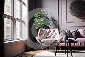 Modern apartment\'s chic living room with a pink tone interior