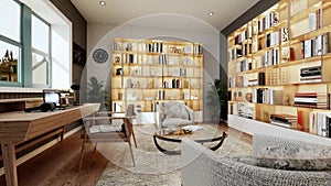 Modern apartment suite room, wardrobes with clothes, bookshelves with lighting and guestroom 3d visualization. Architectural