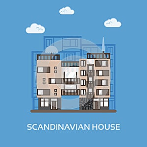 Modern apartments for rent and living in scandinavian style. Multi storied city house. Urban house in europe town scene.