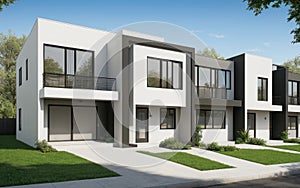 Modern apartments residential townhouses. Street with modern modular private townhouses. Appearance of residential architecture