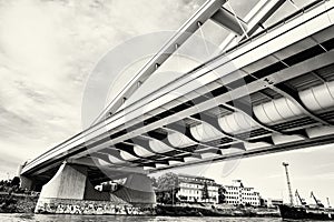 Modern Apollo bridge in Bratislava, Slovakia, black and white ph