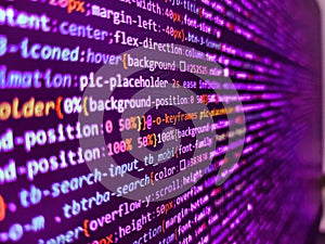 Modern application Source abstract algorithm concept. Closeup of Java Script and HTML code. Programming Javascript on laptop