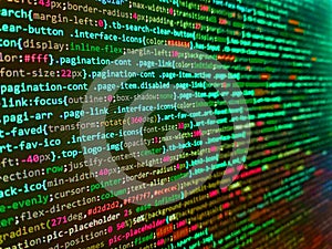 Modern application Source abstract algorithm concept. Hi-tech modern screen of data, digits and chars on monitor display. Letters