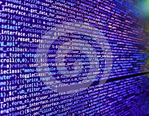 Modern application Source abstract algorithm concept. Screen of web developing code on dark background. Front-end applications in