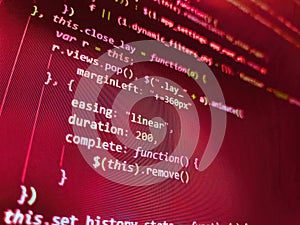 Modern application Source abstract algorithm concept. Screen of web developing code on dark background. Programming code abstract