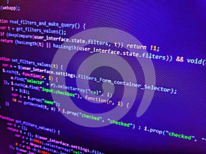 Modern application Source abstract algorithm concept. Web site codes on computer monitor. Abstract source code background. Coding