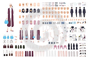 Modern Arab business woman constructor or creation kit. Bundle of female office worker body parts, facial expressions