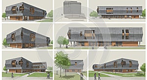 Modern architectural building concept displayed in multiple views. The structure