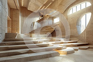 Modern Architectural Design With Dynamic Staircase And Curved Windows Illuminated By Natural Sunlight